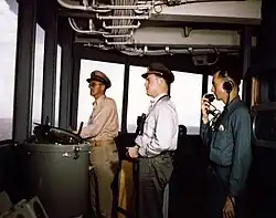 Bridge watch, USS Missouri (BB-63) shakedown cruise, 1944. Y1c Arthur Colton is at right.