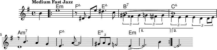 
\version "2.22.0"

\header { tagline = "" }

global = {
  \time 4/4
  \key e \minor
  \set Score.tempoHideNote = ##t
  \tempo "Medium Fast Jazz" 4=130
  \set chordChanges = ##t
}

chordNames = \transpose c c, \chordmode {
  \global
  s4 |
  \repeat volta 2 {
    e1:m |
    f2:maj7 e2:maj7 |
    b1:7 |
    c1:maj7 |
    a1:m7 |
    f1:maj7 |
    e2.:maj7 e4:m~ |
  }
  \alternative {
    { e1:m | }
    { e1:m | }
  }
}

melody = \relative c'' {
  \partial 4 b4 |
  \repeat volta 2 {
    e1 |
    r8 dis, e[ e'] dis4. c8 |
    <<
      { \voiceOne b1~ | b1 | r8 b4. a4 g |}
      \new Voice {
        \voiceTwo
        \tuplet 3/2 { gis4 fisis gis } \tuplet 3/2 { g4 fis g } |
        \tuplet 3/2 { fis4 e fis } \tuplet 3/2 { e d d8e } |
        d1 |
      }
    >> \oneVoice
    e4. a8~ a2 |
    \tuplet 3/2 { gis8 a gis } f2 e4~-> |
  }
  \alternative {
    { e2. b'4 | }
    { e,2.\repeatTie }
  }
}

\score {
  <<
    \new ChordNames \chordNames
    \new Staff {
      \global
      \melody
    }
  >>
  \layout { }
}

\score {
  \unfoldRepeats
  <<
    \new ChordNames \chordNames
    \new Staff {
      \global
      \melody
    }
  >>
  \midi { }
}

