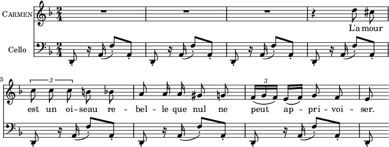 
\header {
  tagline = "" % removed
}
\score {
  <<
    \new Voice = "Carmen" {
      \set Staff.vocalName = \markup \smallCaps Carmen
      \clef treble \time 2/4 \key d \minor
      R2 R2 R2
      \relative d'' { \autoBeamOff
        r4 d8 cis \tupletUp \times 2/3 { c c c } b bes
        a8 a16 a gis8 g \autoBeamOn \times 2/3 { f16( g f) } e[( f)] \autoBeamOff g8 f
        e8 \autoBeamOn
      }
    }
    \new Lyrics \lyricsto Carmen { L'a -- mour est un oi -- seau re -- bel -- le que nul ne peut ap -- pri -- voi -- ser. }
    \new Staff {
      \set Staff.instrumentName = "Cello"
      \clef bass \time 2/4 \key d \minor
      {
        d,8-. r16 a,( f8-.) a,-.
        d,8-. r16 a,( f8-.) a,-.  d,8-. r16 a,( f8-.) a,-.
        d,8-. r16 a,( f8-.) a,-.  d,8-. r16 a,( f8-.) a,-.
        d,8-. r16 a,( f8-.) a,-.  d,8-. r16 a,( f8-.) a,-.
        d,8-.
      }
    }
  >>
}
