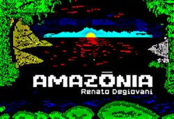 Title screen of Amazônia with Renato Degiovani's credited below the title. The scene is an 8-bit image of the sun setting behind a jungle bordering a body of water.