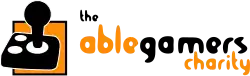 An orange square overlayed with a black and white illustration of a joystick. To its right reads: "The AbleGamers Charity" in black lowercase text, with the words "Able" and "Gamers" in orange.