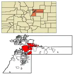 Location of Aurora in Arapahoe (central), Adams (north), and Douglas (south) counties, Colorado