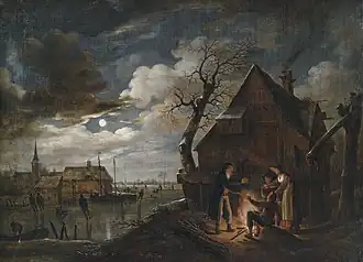 Dutch landscape in moonlight with figures
