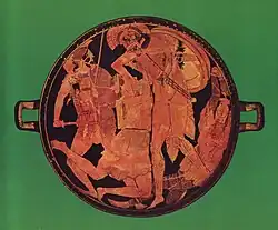 Achilles killing Penthesilea, tondo of an Attic red-figure kylix, c. 465 BCE, from Vulci