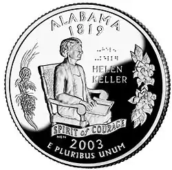 Helen Keller as depicted on the Alabama state quarter. The braille on the coin is English Braille for "HELEN KELLER".
