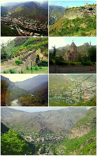 From top left: Alaverdi skyline • Old caves in Alaverdi Sanahin Bridge • Gregory of Narek Church Debed River • The copper combine and cable car Panoramic view of Alaverdi