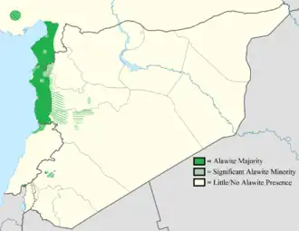 Map of Syria, with Alawite regions (near the coast) in green