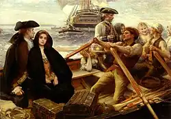 Painting of a Des Grieux and Manon on a rowboat, gazing nobly into the distance while they are rowed ashore with low-class fellow travelers