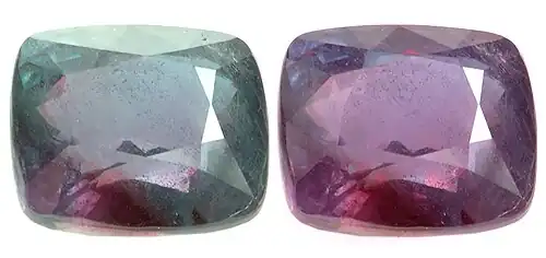 Alexandrite step cut cushion, 26.75 cts. This stone is bluish green in daylight and purple red under incandescent light