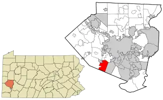Location of Upper St. Clair in Allegheny County, Pennsylvania (right) and of Allegheny County in Pennsylvania (left)