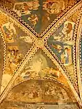 Ceiling. Around the keystone, from bottom left (cw): birth of Jesus, Annunciation, the four Evangelists, Presentation in the Temple, ?