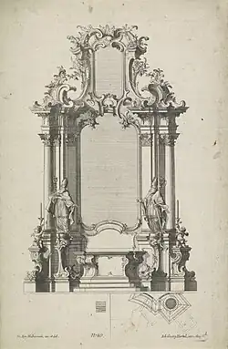Rococo reinterpretation of the Composite order of an altar design with bishops, with more curvy and sinuous S-shaped acanthuses, by Franz Xaver Habermann, 1740-1745, etching on paper, Rijksmuseum, Amsterdam, the Netherlands