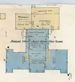 Architectural diagram of Amador Valley Joint Union High School. Image shows the auditorium on the bottom in blue, with additional rooms on the top in beige, including the woodworking floor, a classroom, a gymnasium, and dressing rooms.