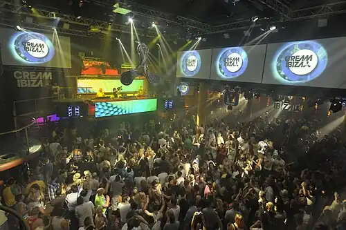Photograph of the crowd at Amnesia facing towards the DJ booth. The image is captured from an elevated position and looks down at the clubbers.
