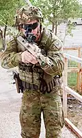 An Australian soldier wearing a combat uniform and kit in AMCU pattern, in Iraq, 2016