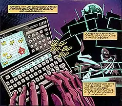 Figures typing on a small laptop-like device with screen.