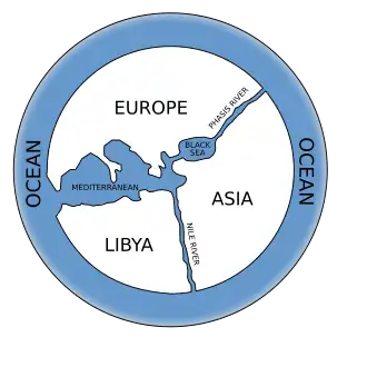 The threefold division of the Old World into Europe, Asia and Africa has been in use since the 6th century BCE, due to Greek geographers such as Anaximander and Hecataeus.