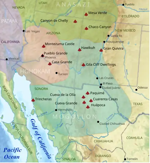 A map of the American Southwest and the northwest of Mexico showing modern political boundaries. Overlaid over them are four colored and labeled territories: "Anasazi", "Hohokam", "Petaya", and "Mogollón". Anasazi land is colored green.