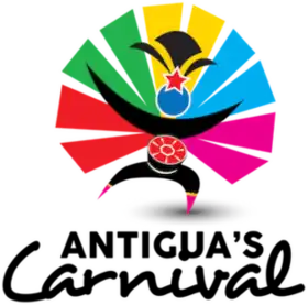 logo of Antigua Carnival, with abstract image of a person playing a steel drum and wearing colorful feathers