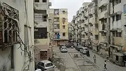 A square full of middle-class apartment buildings in Gulshan-e-Iqbal, Karachi.