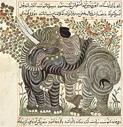 Figure 1. Two elephants, Manafi'-i hayavan in the background, birds in flowering plants, by Ibn Bakhtishu, 1295. The Morgan Library and Museum, NY