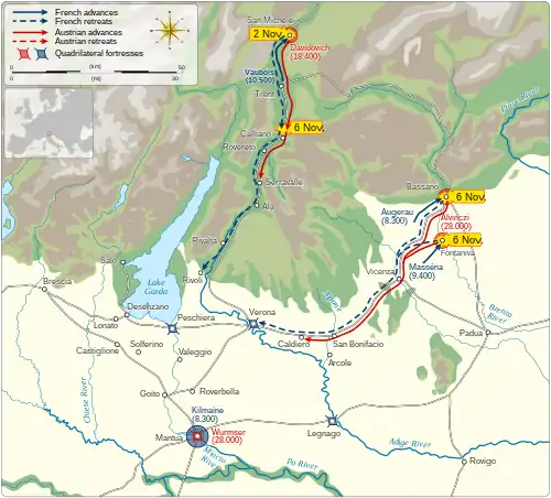 Theater map shows the battles of San Michele, 2nd Bassano, and Calliano in November 1796.