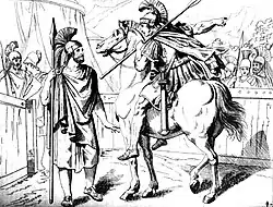 Black and white sketch of a camp. A king in the center is talking to a cavalier messenger, all men are wearing plumed helmets