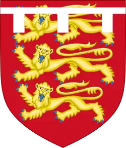 Arms of Thomas of Brotherton (1300 † 1338), Earl of Norfolk, son of Edward I Longshanks, from whom all the Dukes of Norfolk are descended.Gules, three lions passant guardant in pale or armed and langued azure a label of three points argent.