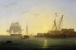 HMS Clyde Arriving at Sheerness After the Nore Mutiny, 30 May 1797, depicting sheer hulks positioned to make a lift (painted in 1830)