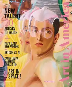 Cover of Art in America magazine with headline stories on the left side and the masthead in rotated vertical form on the right side in a pink colour