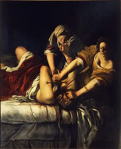 Judith Slaying Holofernes; by Artemisia Gentileschi; 1611–1612; oil on canvas; 163 x 126 cm; Uffizi, Florence, Italy[106]