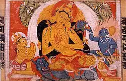 Painting of Manjusri Bodhisattva from the Astasahasrika Prajnaparamita Sutra manuscript written in the Ranjana script. Nalanda, Bihar, India, c. 700-1100 CE