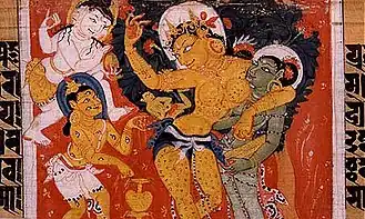 Painting of the miraculous birth of Gautama Buddha, out of the side of Queen Mahamaya from the Astasahasrika Prajnaparamita Sutra manuscript, Pala Period. Nalanda, Bihar, India