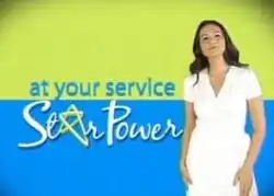 An image of Iza Calzado, over a lime green and blue background. The show title is displayed on the left side of the image.