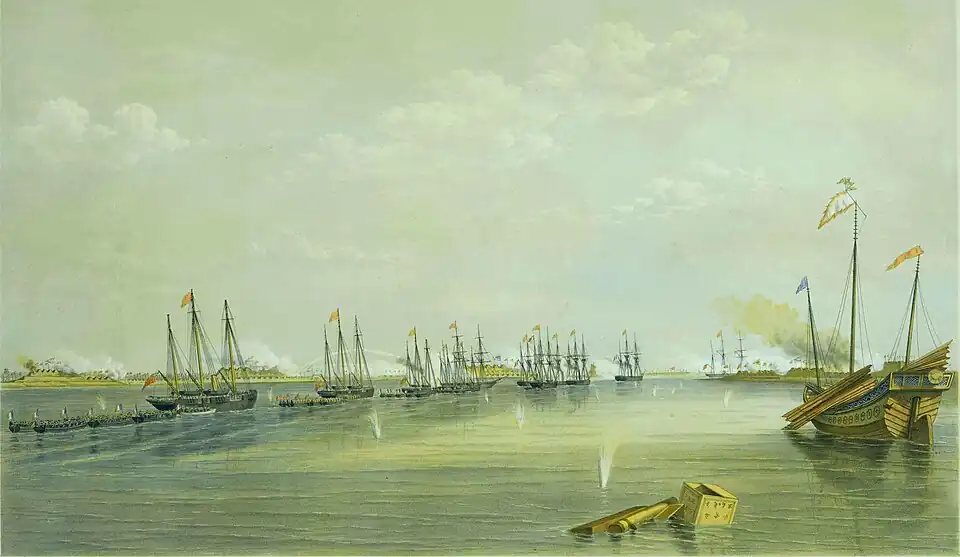 Attack on the Peiho forts, illustrating the Second Opium War in China, by Picken after F.I.E. Bedwell, 1859.