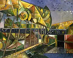 Cubist painting of a bridge with geometric angular forms in muted colors