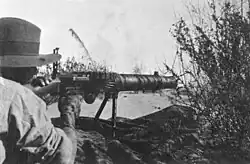 A soldier is looking through the sights of a machine gun amongst the grass in the prone position.