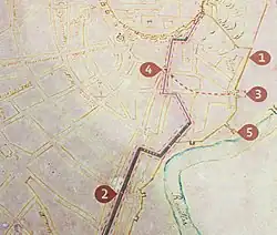 Diagram of the Alcazaba defensive wall(1), transfer of the Merida Gate from (3) to (4) and bastioned enclosure (2)