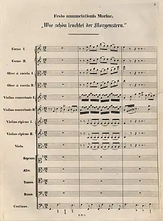 Page of a 19th-century sheet music of the score of a Bach cantata, with the title and three bars of music