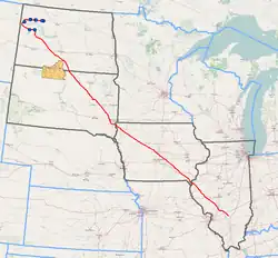 Dakota Access Pipeline route (Standing Rock Sioux Reservation is shown in orange, affected states are outlined in black)[1]