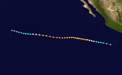 A map of the track of a hurricane over the Eastern Pacific Ocean; the hurricane generally moves west-northward for its entire life, except for a couple deviations westward