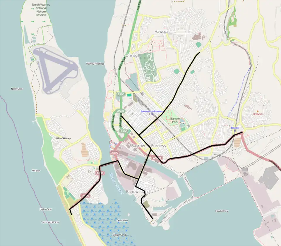 Contemporary map of Barrow showing all former tram lines in black.