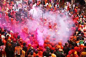 Image 14Devotees during Lathmar Holi, by Narender9 (from Wikipedia:Featured pictures/Culture, entertainment, and lifestyle/Religion and mythology)