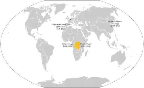 Map of Belgium's colonies at their maximum extent in the interwar period.
