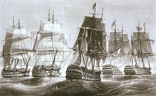 Indomptable at Trafalgar in 1805, at the center, between Fougeux & HMS Belleisle to the left, and Santa Ana & HMS Royal Sovereign.
