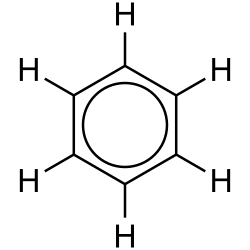 Benzene, a 6-membered carbocyclic organic compound, methine hydrogens shown, and 6 electrons shown as delocalized through drawing of circle (aromatic).