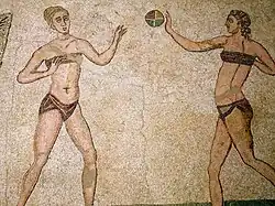 Mosaic of female athletes playing ball at the Villa Romana del Casale of Piazza Armerina, 4th century AD