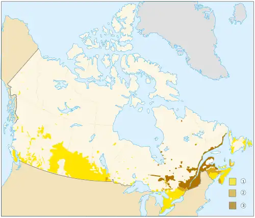 Map of Canada with English speakers and French speakers at a percentage