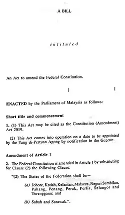Bill for the Amendment of the Article (1) 2 of the Constitution of Malaysia, p 1
