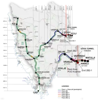 Geographical illustration of the Bina-Istra Istrian-Y network, with the phases for upgrades overlaid
